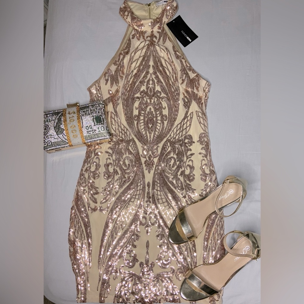 Rose Gold Sequin Bling Bodycon Dress